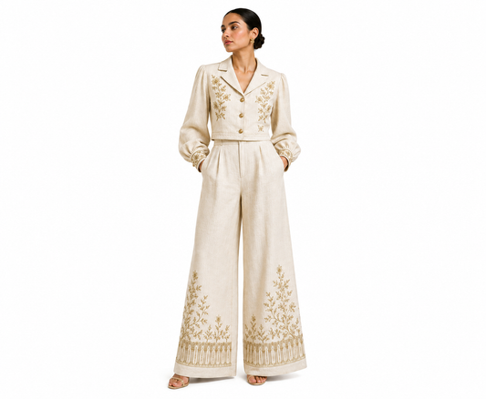 Heritage Bloom Tailored Co-ord Set – Ivory & Gold
