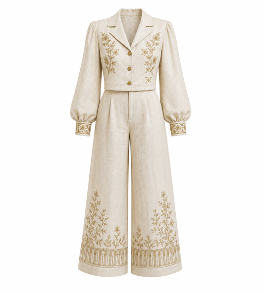 Heritage Bloom Tailored Co-ord Set – Ivory & Gold